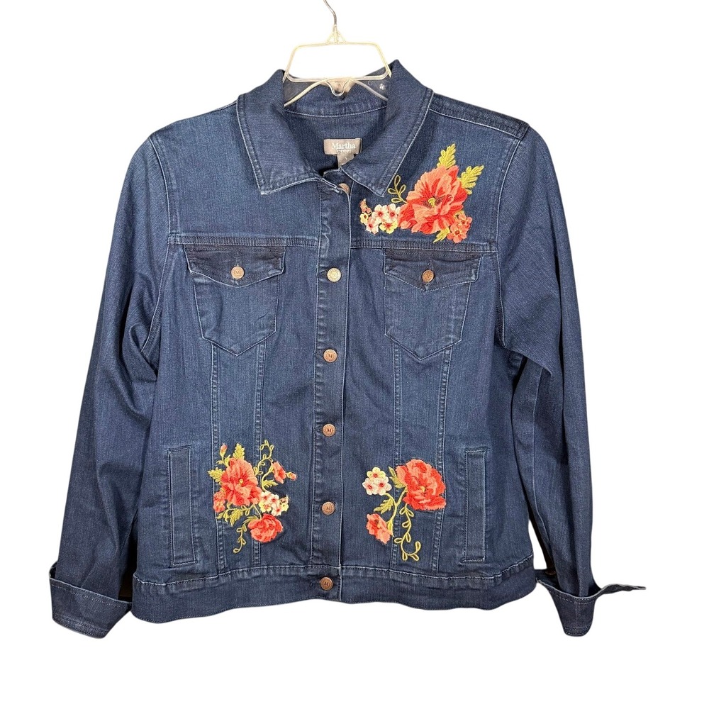 Martha Stewart Floral Embroidered Denim Jacket Blue Stretch Trucker Womens Large